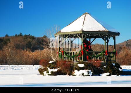 Un arbre de Noël se dresse dans un belvédère sur le parc vert de la ville, dans un champ couvert de neige dans le Vermont Banque D'Images