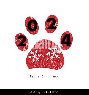 imprimé 2024 pattes avec flocons de neige. Fond vectoriel de carte de voeux Joyeux Noël Illustration de Vecteur