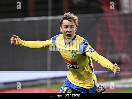 Bruxelles, Belgique. 21 octobre 2023. Yow Griffin McDorman, de Westerlo, célèbre après avoir marqué lors d'un match de football entre RWD Molenbeek et KVC Westerlo, samedi 21 octobre 2023 à Bruxelles, le 11e jour de la saison 2023-2024 de la Jupiler Pro League première division du championnat belge. BELGA PHOTO JOHN THYS crédit : Belga News Agency/Alamy Live News Banque D'Images