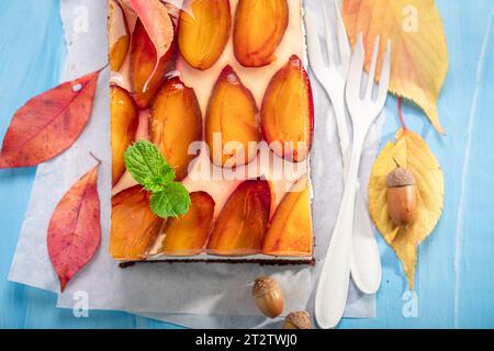 Gâteau éponge aux prunes sucrées à base de chocolat, crème et fruits. Gâteau de gelée de fruits d'automne . Banque D'Images