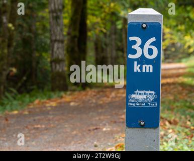 Un panneau kilométrique sur le sentier régional Galloping Goose à Sooke, Colombie-Britannique, Canada. Banque D'Images