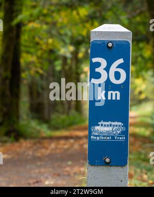 Un panneau kilométrique sur le sentier régional Galloping Goose à Sooke, Colombie-Britannique, Canada. Banque D'Images