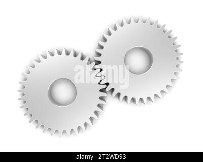 Deux engrenages isolés sur fond blanc. Roue dentée. illustration 3d. Banque D'Images