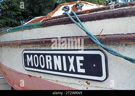 Erinnerung an die Flutkatastrophe 2021 Das erste Motorschiff Moornixe, das auf dem Namen Baldeney im Jahre 1933 getauft wurde und auf dem gleichnamigen Essener See als Ausflugsschiff unterwegs war, trug zeitweilig den Namen Nixe und war eine Zeit lang in Ostfriesland. Nachdem das Schiff beim Hochwasser am 15. Juli 2021 Gesunken war, steht es heute kurz nach der Ankunft weitgehend unbeachtet und in einem völlig zerstörten Zustand nahe dem Spillenburger Wehr neben der Ruhr. Essen Nordrhein-Westfalen Deutschland Westfalenstraße *** souvenir de la catastrophe des inondations en 2021 le premier navire à moteur Mo Banque D'Images