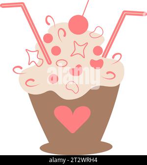 Dessert dans une tasse avec une paille de cocktail, cerise et décorations. Bonne journée internationale des desserts. Illustration vectorielle Illustration de Vecteur