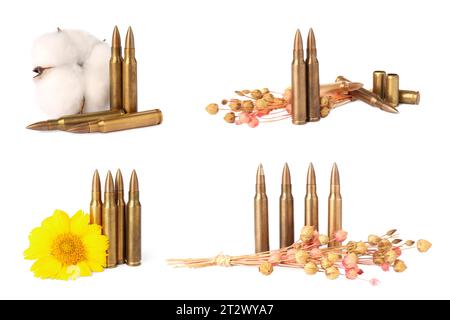 Ensemble de balles et de belles fleurs isolées sur blanc Banque D'Images
