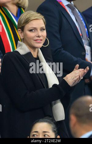 Saint Denis, France. 21 octobre 2023. La princesse Charlene de Monacoassiste à la coupe du monde de Rugby, France., . À Paris, France. Photo de Laurent Zabulon/ABACAPRESS.COM crédit : Abaca Press/Alamy Live News Banque D'Images