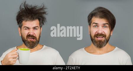 Bonjour. Homme avec tasse de thé. Hipster homme avec tasse de café. Homme barbu souriant après bonjour. réveil matinal. Mans tient une tasse de café Banque D'Images