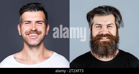 Sérieux vs homme barbu heureux. Barbe et moustache. Concept de salon de coiffure. Portrait pour barber. Rasage. Barbe, rasage après et avant. Longue barbe. Ha mâle Banque D'Images