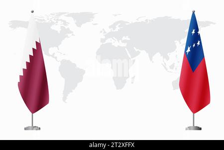 Drapeaux du Qatar et du Samoa pour la réunion officielle sur fond de carte du monde. Illustration de Vecteur