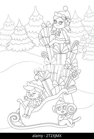 Coloriage. Elfes près du traîneau du Père Noël. Le transport festif est chargé à ras bord avec des cadeaux. Les enfants sont joyeux et heureux. Illustration de Vecteur