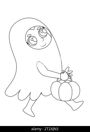 Coloriage. Un enfant habillé comme un fantôme blanc court avec un panier de bonbons. Le personnage d'Halloween est joyeux et heureux. Illustration de dessin animé. Illustration de Vecteur