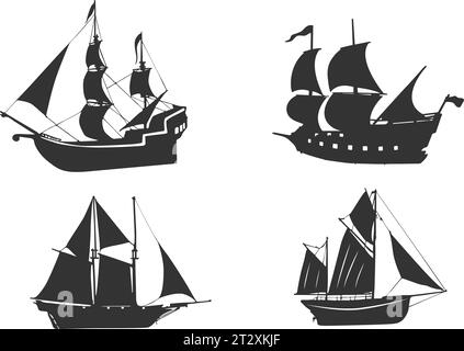 Vieille silhouette de navire, vecteur de navire pirate, silhouette de navire, silhouette de navire à voile, vecteur de navire ancien Illustration de Vecteur