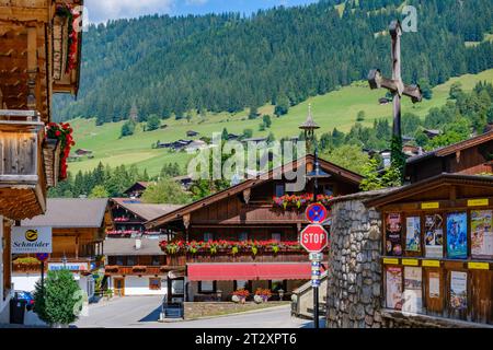 Le centre du village Alpbach en pente, architecture traditionnelle alpine, fleurs sur les balcons, prairies, grands arbres. Tyrol, Autriche. Banque D'Images