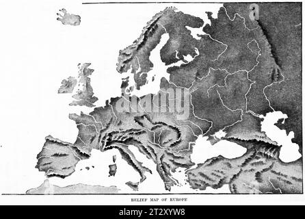 Carte en relief de l'Europe circa 1910 tirée d'un manuel de géographie scolaire Banque D'Images