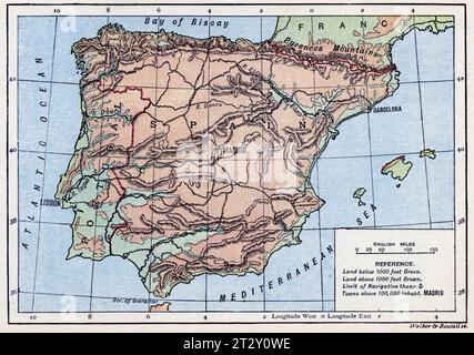 Carte de l'Espagne circa 1910 d'un manuel de géographie scolaire Banque D'Images
