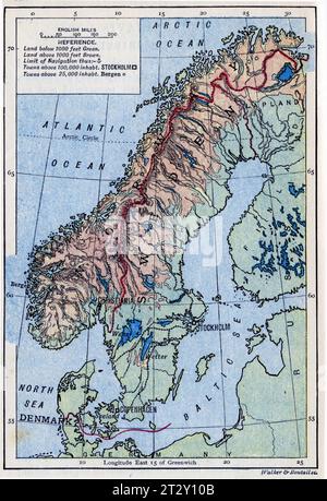 Carte de la Norvège et de la Suède vers 1910 d'un manuel de géographie scolaire Banque D'Images