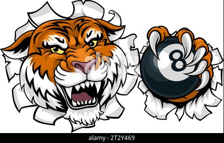 Tiger Angry Pool 8 ball billard mascotte dessin animé Illustration de Vecteur