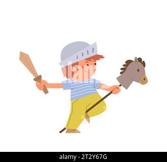 Heureux petit garçon dans un casque monte un cheval jouet et tient une épée en bois. Jeux pour enfants dans le chevalier Illustration de Vecteur