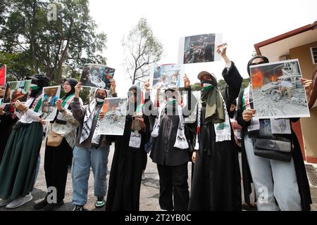 Kuala Lumpur, Malaisie. 13 octobre 2023. Les Palestiniens tiennent des pancartes pendant le rassemblement de solidarité avec la Palestine dans le bâtiment de l'ambassade palestinienne. Les manifestants du rassemblement de solidarité ont demandé une protection internationale pour le peuple palestinien attaqué à Gaza. (Image de crédit : © Wong Fok Loy/SOPA Images via ZUMA Press Wire) USAGE ÉDITORIAL SEULEMENT! Non destiné à UN USAGE commercial ! Banque D'Images