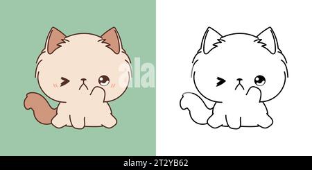 Clipart isolé Ragamuffin Cat multicolore et noir et blanc. Mignon Cartoon Baby Cat. Illustration vectorielle mignonne d'un animal Kawaii pour des impressions pour Illustration de Vecteur