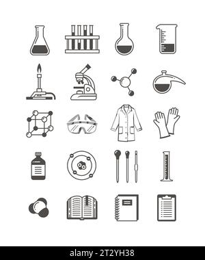 Icônes du laboratoire de chimie. Symboles de l'équipement de laboratoire chimique. Classe de chimie, matière scolaire glyphes noir et blanc. Pictogrammes simples de silhouette de mi Illustration de Vecteur