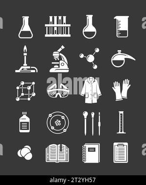 Icônes du laboratoire de chimie. Symboles de l'équipement de laboratoire chimique. Classe de chimie, glyphes de matières scolaires. Pictogrammes simples de silhouette blanche de microscope, Illustration de Vecteur