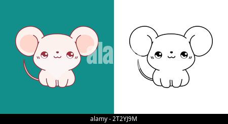 Kawaii Baby Rat Clipart multicolore et Noir et blanc. Mignon Kawaii Mouse. Illustration vectorielle isolée d'un rongeur Kawaii pour des impressions pour des vêtements Illustration de Vecteur