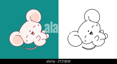 Clipart Rat multicolore et noir et blanc. Souris Cute clip Art Baby. Illustration vectorielle mignonne d'un animal Kawaii pour autocollants, douche de bébé, coloration Illustration de Vecteur