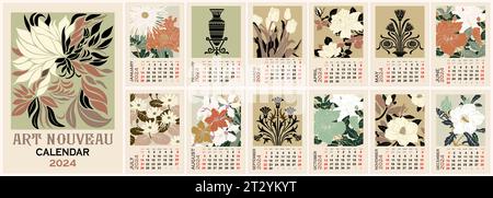 Modèle de calendrier mural mensuel floral pour 2024. Illustration de Vecteur