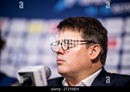 Anvers, Belgique. 22 octobre 2023. PDG Tennium, Kristoff Puelinckx s’entretient avec la presse avant la dernière journée de l’European Open de tennis ATP, à Anvers, le dimanche 22 octobre 2023. BELGA PHOTO JASPER JACOBS crédit : Belga News Agency/Alamy Live News Banque D'Images