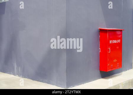 Vue latérale d'une borne d'incendie fixée à un mur extérieur. Avec espace de copie Banque D'Images