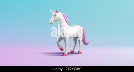 illustration de rendu 3d de cheval licorne avec crinière rose et conte, animal blanc, forme de volume, personnage de bande dessinée Illustration de Vecteur