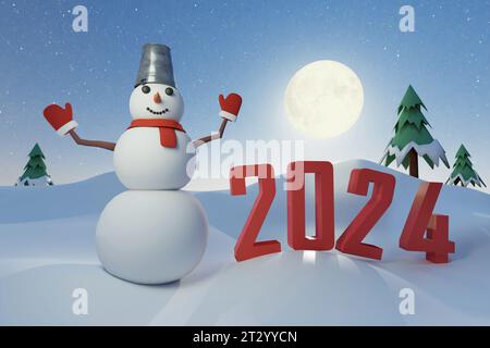 Bonhomme de neige pose avec le numéro 2024 à la veille du nouvel an contre la pleine lune - rendu 3D. Banque D'Images