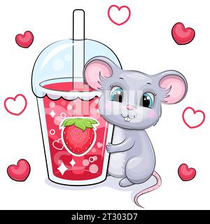 Souris grise mignonne de dessin animé avec une grande boisson de fraise. Illustration vectorielle d'un animal et une tasse d'eau rouge sur un fond blanc avec des coeurs rouges. Illustration de Vecteur