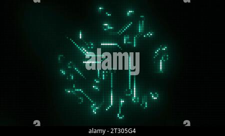 Des signaux néons verts abstraits ressemblant à des lignes de flexion à l'intérieur d'une forme circulaire. Mouvement. Carte de circuit imprimé verte incandescente. Banque D'Images