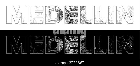 Medellin City Name (Colombie, Amérique du Sud) avec vecteur d'illustration de carte de ville blanc noir Illustration de Vecteur