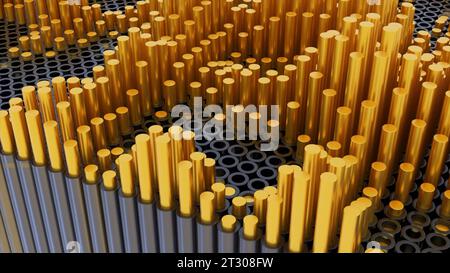 Fond 3D avec colonnes métalliques rétractables. Conception. Les colonnes rondes 3D se déplacent vers le haut et vers le bas dans l'espace. Les tables rondes colorées de structure métallique s'installent Banque D'Images