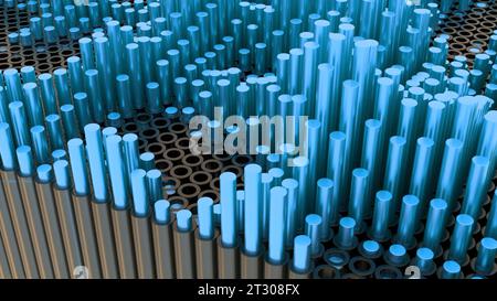 Fond 3D avec colonnes métalliques rétractables. Conception. Les colonnes rondes 3D se déplacent vers le haut et vers le bas dans l'espace. Les tables rondes colorées de structure métallique se déplacent dans la vague Banque D'Images