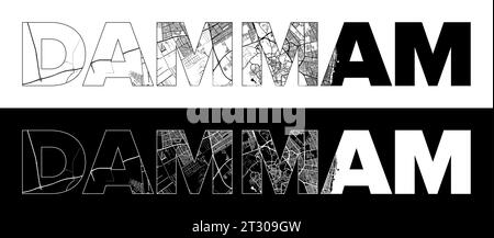 Dammam City Name (Arabie Saoudite, Asie) avec vecteur d'illustration de carte de ville blanc noir Illustration de Vecteur
