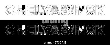 Chelyabinsk City Name (Russie, Asie) avec vecteur d'illustration de carte de ville blanc noir Illustration de Vecteur