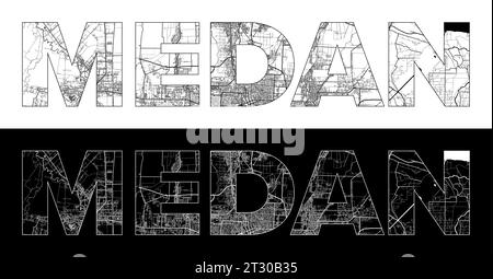 Nom de ville de Medan (Indonésie, Asie) avec vecteur d'illustration de carte de ville blanc noir Illustration de Vecteur