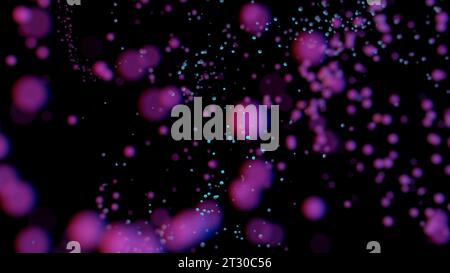 Fond noir avec des paillettes volantes. Conception. Paillettes bleu vif et violet qui se dispersent de manière chaotique dans l'animation. Banque D'Images