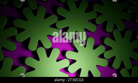 Formes de fleurs violettes et bleues. Conception. Mécanismes rotatifs réalisés dans l'abstraction de dessins animés. Banque D'Images