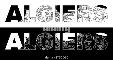Nom de ville d'Alger (Algérie, Afrique) avec vecteur d'illustration de carte de ville noir blanc Illustration de Vecteur