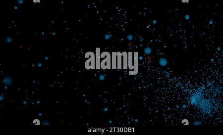 Fond noir avec des paillettes volantes. Conception. Paillettes bleu vif et violet qui se dispersent de manière chaotique dans l'animation. Banque D'Images