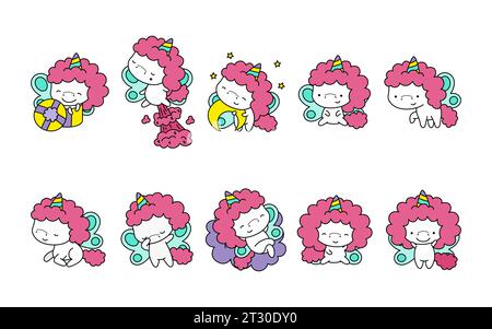 Ensemble de Cartoon Isolated Unicorn. Ensemble de mignon Kawaii Unicorn dans Funny Cartoon style. Collection d'illustrations d'animaux vectoriels mignons pour autocollants, bébé Illustration de Vecteur