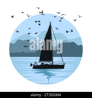 Voilier et paysage marin sur circle.Sea rivage avec montagnes et yacht silhouette.Boat naviguant dans la rivière ou le lac à Coast.Vessel, collines et Coastline.Vector Illustration de Vecteur