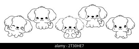 Ensemble de Kawaii Isolated Golden Retriever Dog Coloriage page. Collection de dessin animé vectoriel mignon Animal Outline pour autocollants, douche de bébé, livre de coloriage Illustration de Vecteur