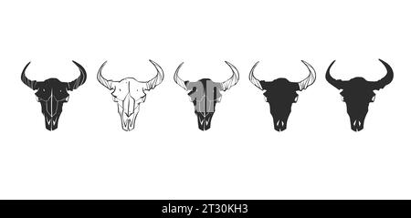 Dessin à la main vecteur abstrait collection d'art de ligne graphique ensemble de taureau mystique et ésotérique et crâne d'animal de vache, isolé sur fond blanc.crâne taureau Illustration de Vecteur
